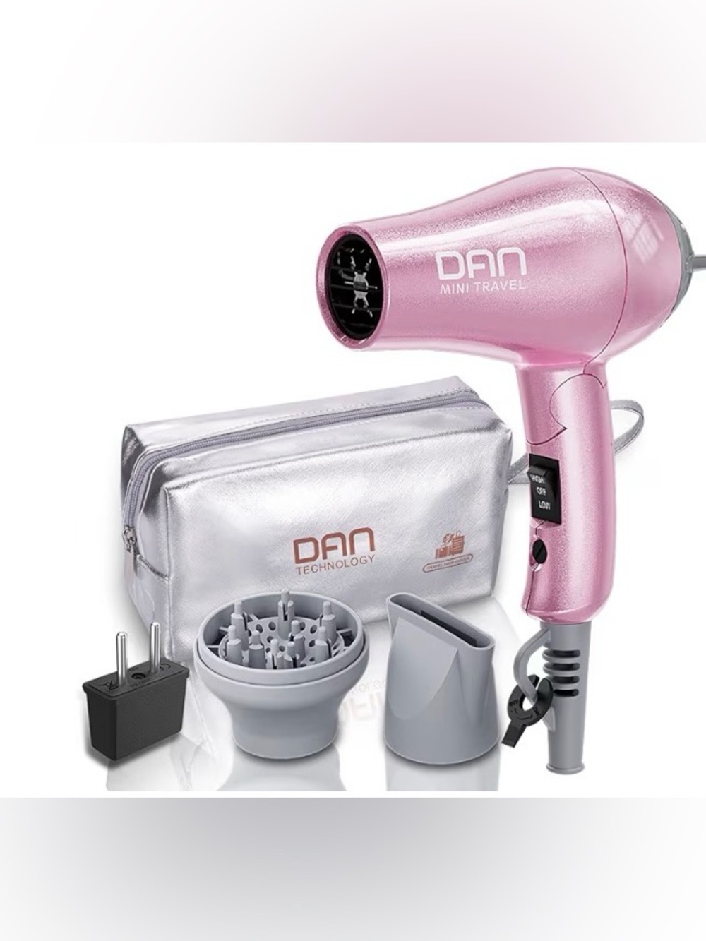 Dan Technology International Travel Hair Dryer - Pink/Silver Carrying Pouch